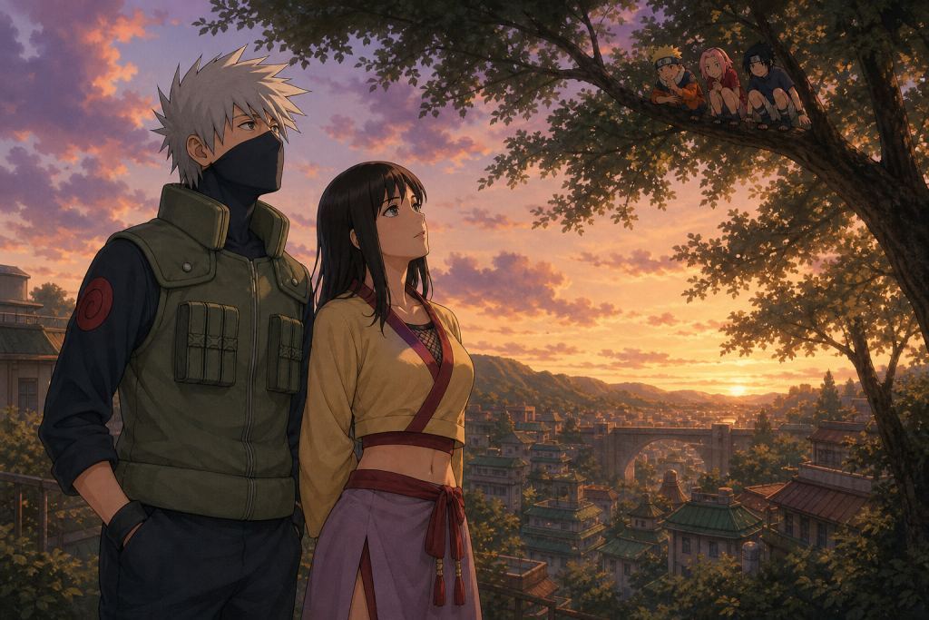 Kakashi and Hidden Lock spy Hanare share a quiet sunset walk while young Naruto, Sakura and Sasuke watch from a tree in Naruto Shippuden Episode 191