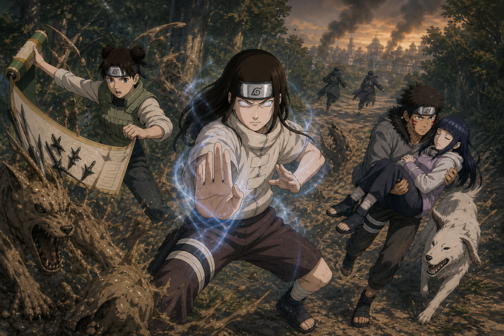 Young Neji activates the Byakugan while Tenten stops mud wolves and Kiba carries Hinata to safety during the Konoha invasion in Naruto Shippuden Episode 192