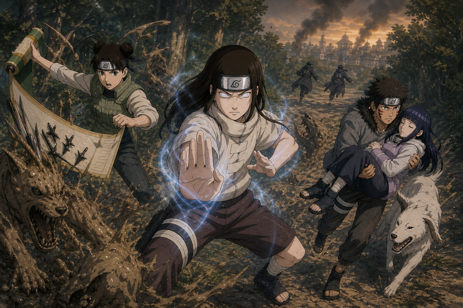 Young Neji activates the Byakugan while Tenten stops mud wolves and Kiba carries Hinata to safety during the Konoha invasion in Naruto Shippuden Episode 192