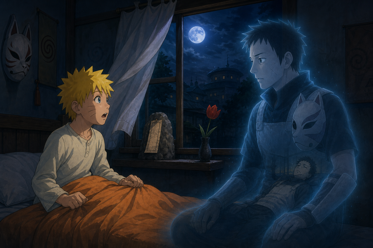 Young Naruto meets the blue translucent soul of ANBU investigator Kisuke beside a talisman and red tulip in Naruto Shippuden Episode 193