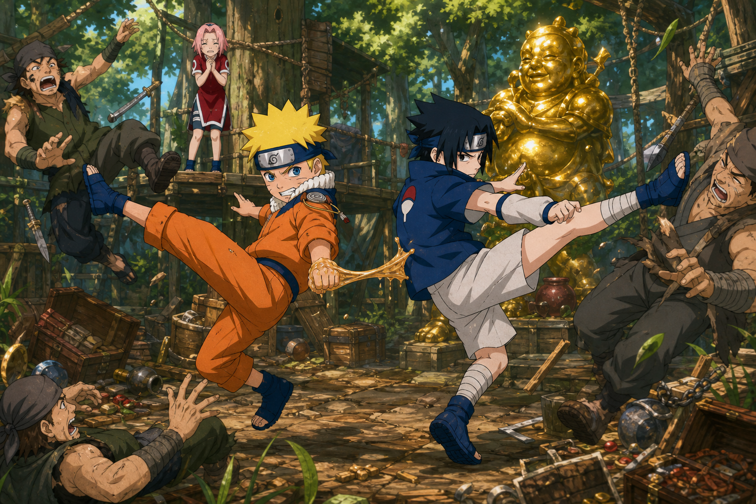 Young Naruto and Sasuke fight bandits in sync while one hand from each is bonded by chakra glue and Sakura watches beside the golden statue in Naruto Shippuden Episode 194