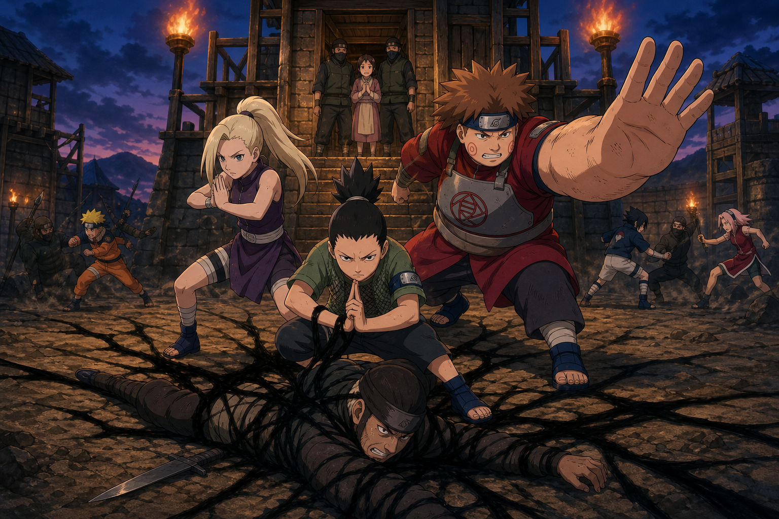 Young Shikamaru pins a bandit with his shadow while Ino prepares Mind Transfer and Choji shields the rescued girl in Naruto Shippuden Episode 195