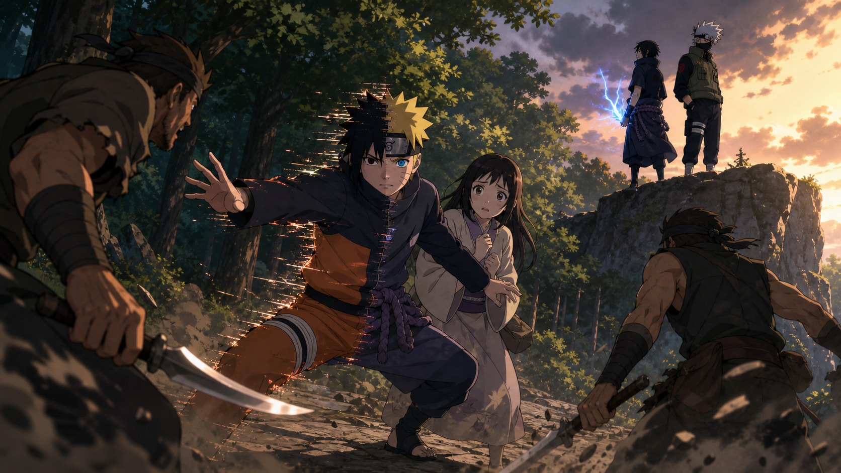 Naruto's Sasuke disguise flickers as he shields Naho from bandits while the real Sasuke stands with Kakashi in Naruto Shippuden Episode 196