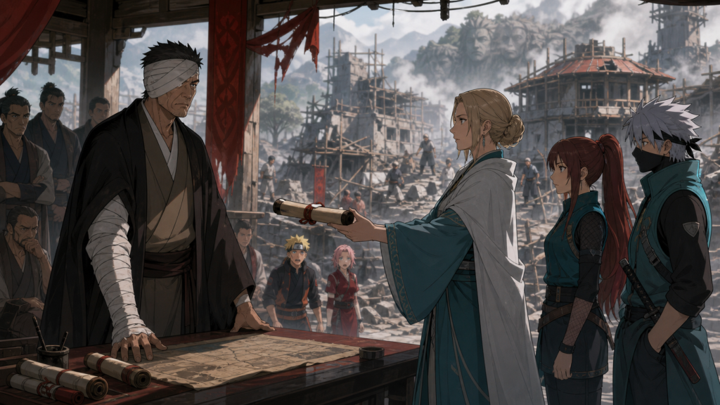 Danzo claims the Sixth Hokage title before Team Samui inside a temporary pavilion overlooking ruined Konoha in Naruto Shippuden Episode 197
