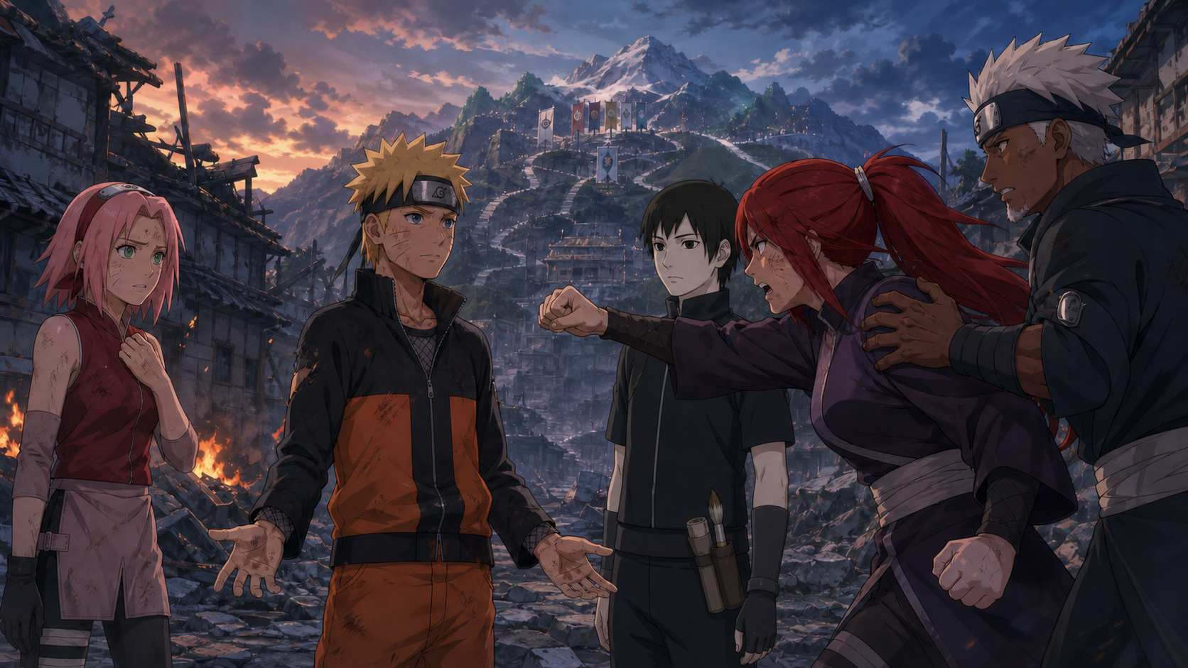 Naruto refuses to betray Sasuke as Sai and Omoi stop Karui's next blow amid ruined Konoha in Naruto Shippuden Episode 198
