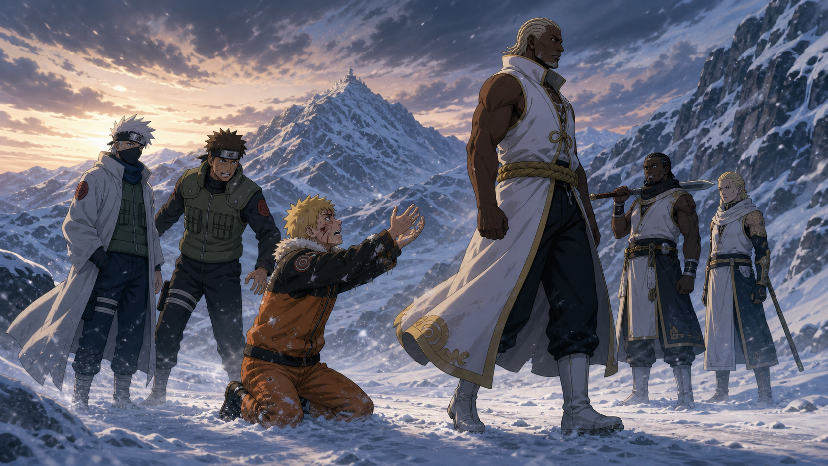 Naruto kneels in the snow and pleads with the Fourth Raikage while Kakashi and Yamato stand behind him in Naruto Shippuden Episode 200