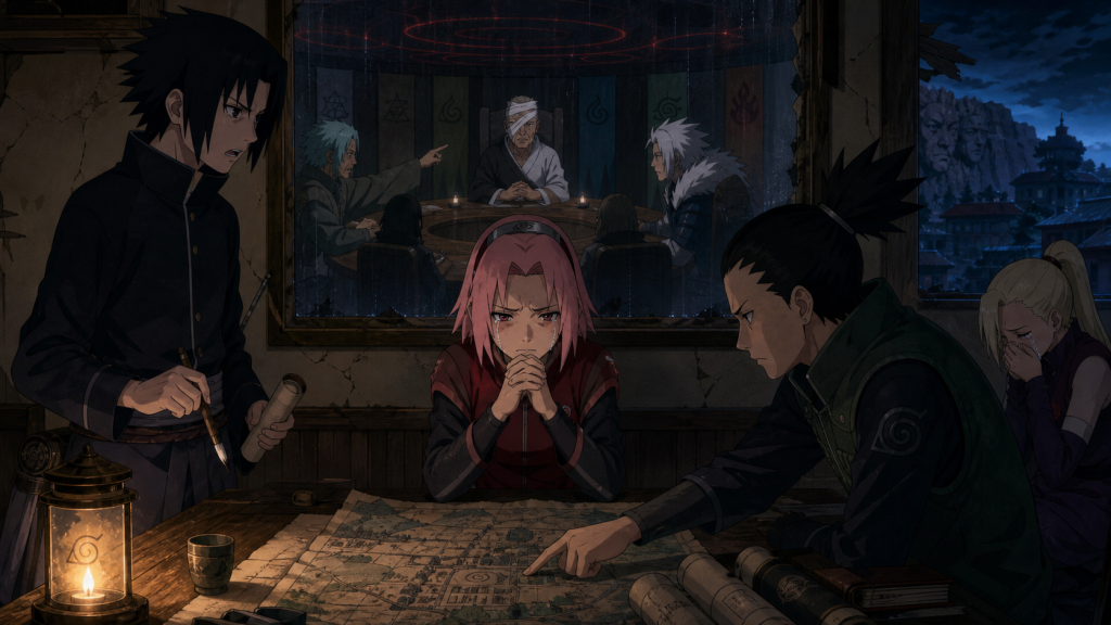 Sakura weighs a painful decision with Sai and Shikamaru while Danzo's summit manipulation appears behind them in Naruto Shippuden Episode 201