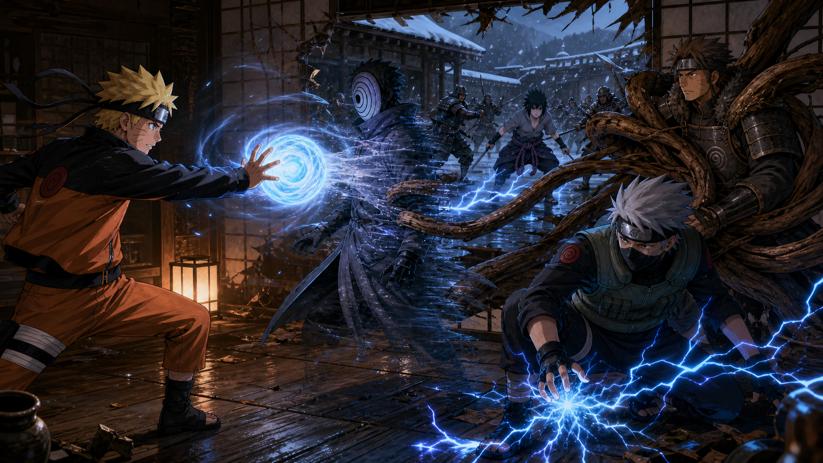 Naruto's Rasengan passes through masked Tobi while Kakashi and Yamato attack and Sasuke battles samurai in Naruto Shippuden Episode 202