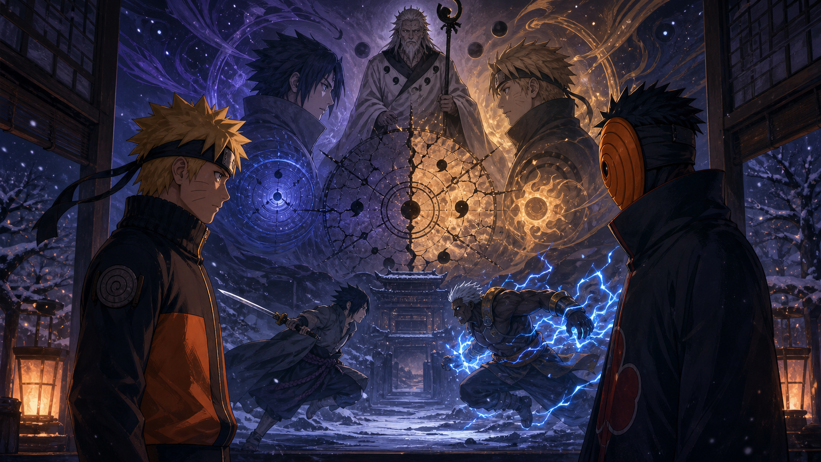 Naruto faces masked Tobi beneath a vision of the Sage of Six Paths and his rival sons as Sasuke meets the Raikage in Naruto Shippuden Episode 203