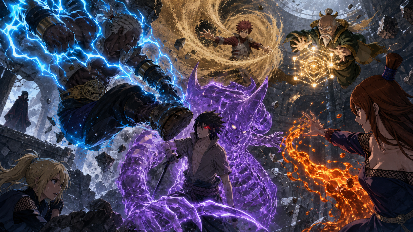 Sasuke stands inside a purple skeletal Susanoo as the Raikage, Gaara, Mei and Onoki converge in Naruto Shippuden Episode 204