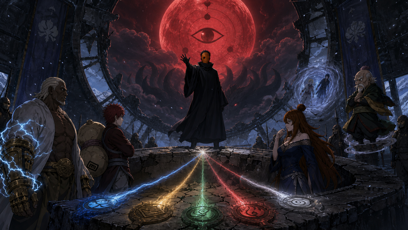 Masked Tobi declares war beneath a red Infinite Tsukuyomi moon as four Kage unite around the summit table in Naruto Shippuden Episode 205
