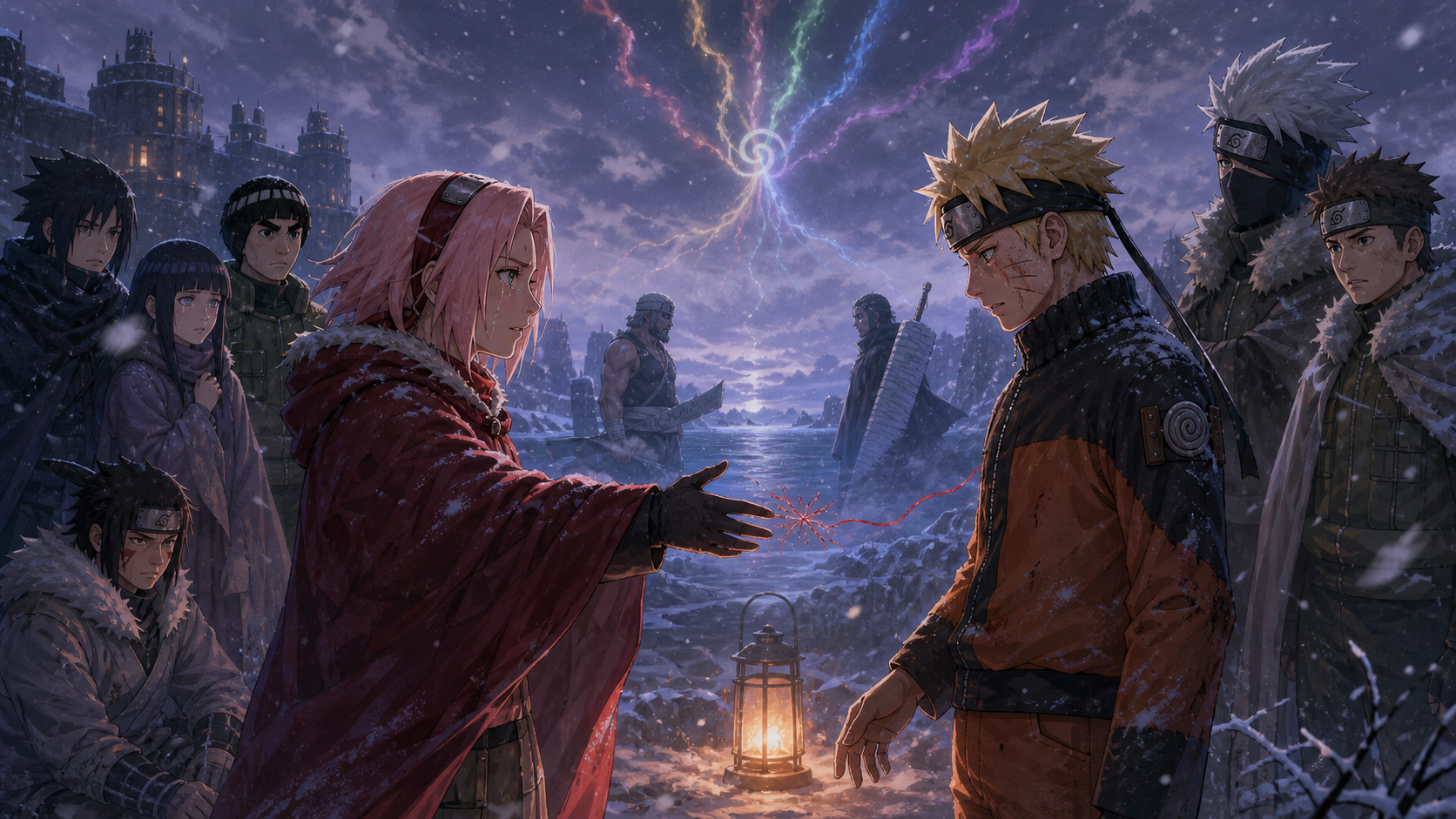 Sakura reaches toward a skeptical Naruto across a fraying red promise thread in the snowy Land of Iron in Naruto Shippuden Episode 206