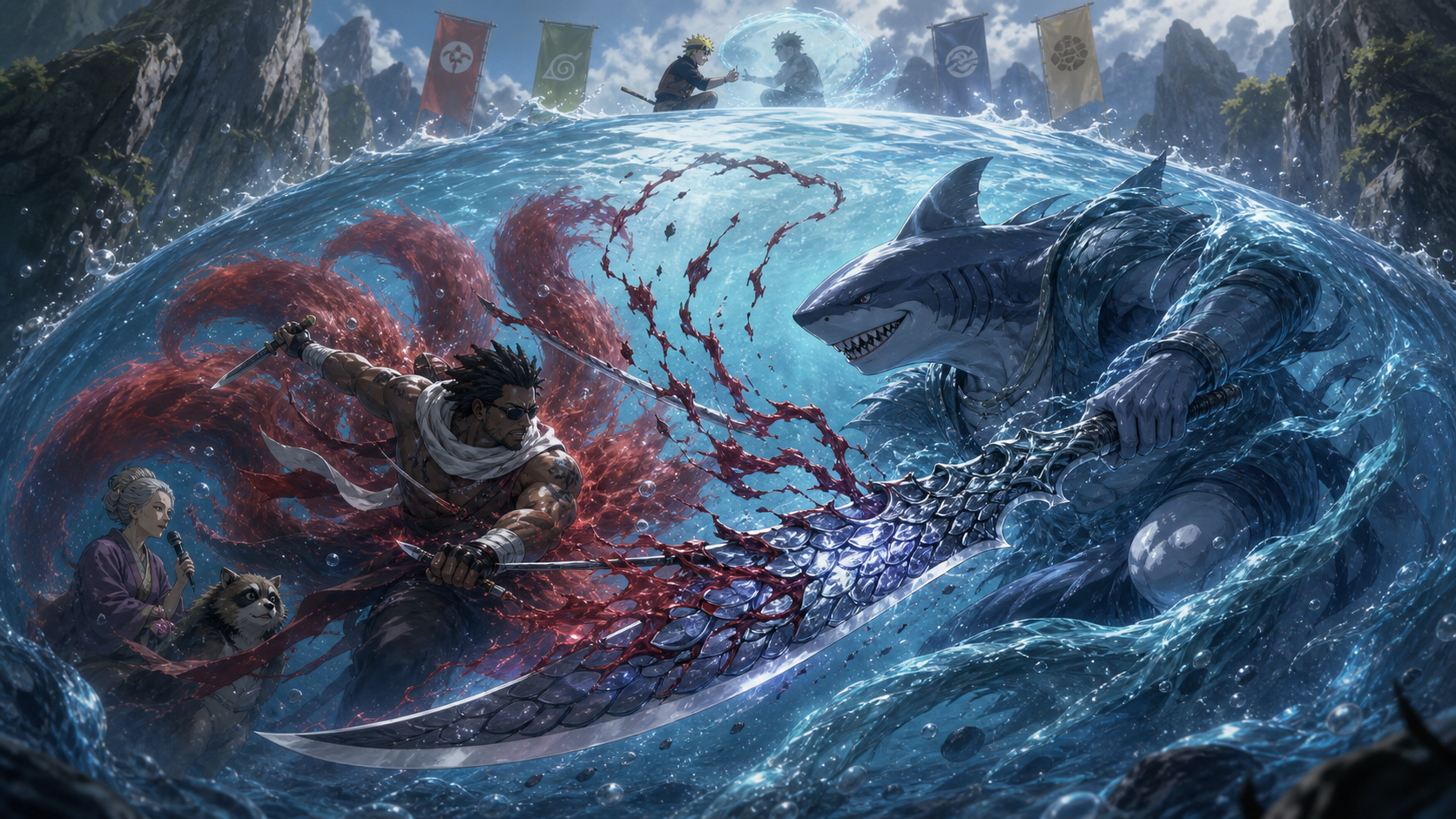 Killer B battles shark-fused Kisame inside a moving water dome as Samehada devours red tailed-beast chakra in Naruto Shippuden Episode 207