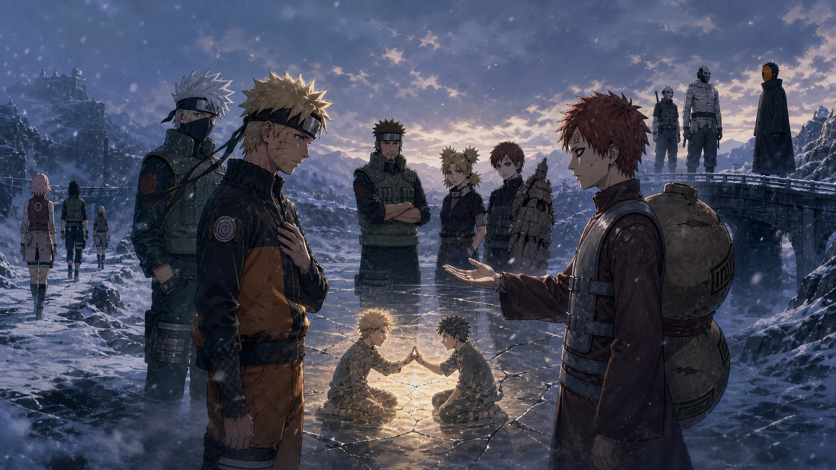 Gaara asks a shaken Naruto what he will do as Sasuke's friend beside a glowing childhood memory in Naruto Shippuden Episode 208