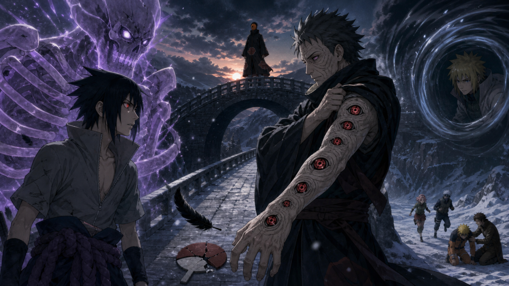 Danzo reveals a pale right arm implanted with multiple Sharingan as Sasuke confronts him with Susanoo on the Samurai Bridge in Naruto Shippuden Episode 209