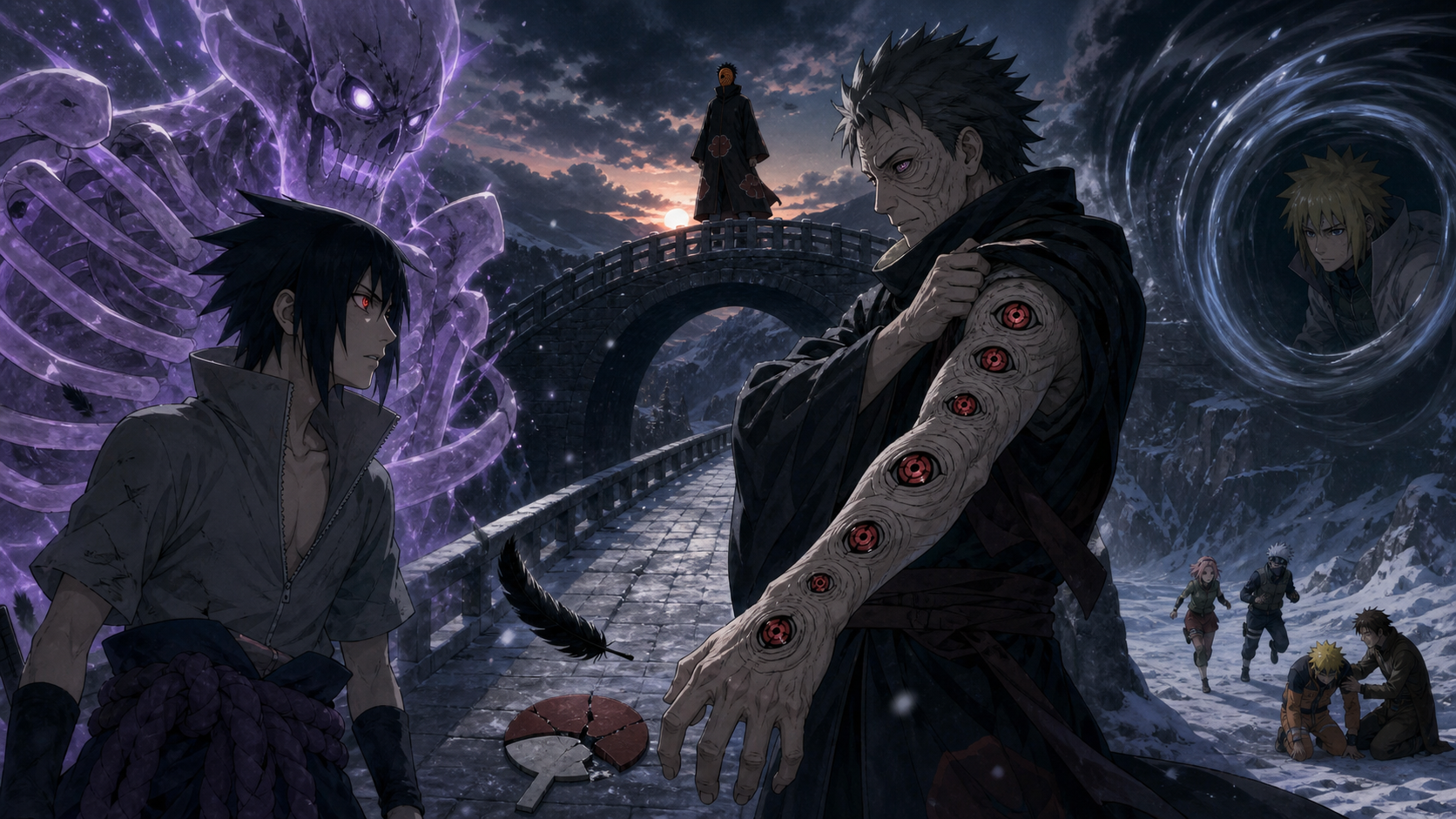 Danzo reveals a pale right arm implanted with multiple Sharingan as Sasuke confronts him with Susanoo on the Samurai Bridge in Naruto Shippuden Episode 209