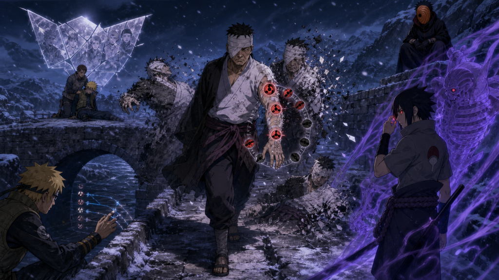 Multiple discarded realities dissolve around Danzo as implanted Sharingan close and Sasuke studies Izanagi in Naruto Shippuden Episode 210