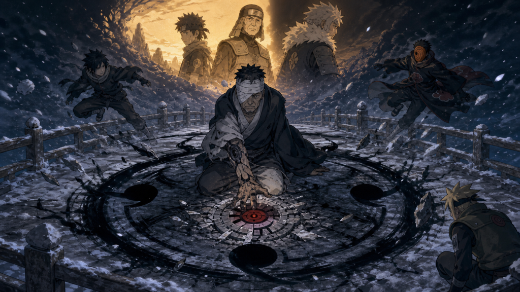 Danzo activates a black Reverse Four Symbols sealing field as Sasuke and Tobi escape beneath memories of Hiruzen and Tobirama in Naruto Shippuden Episode 211