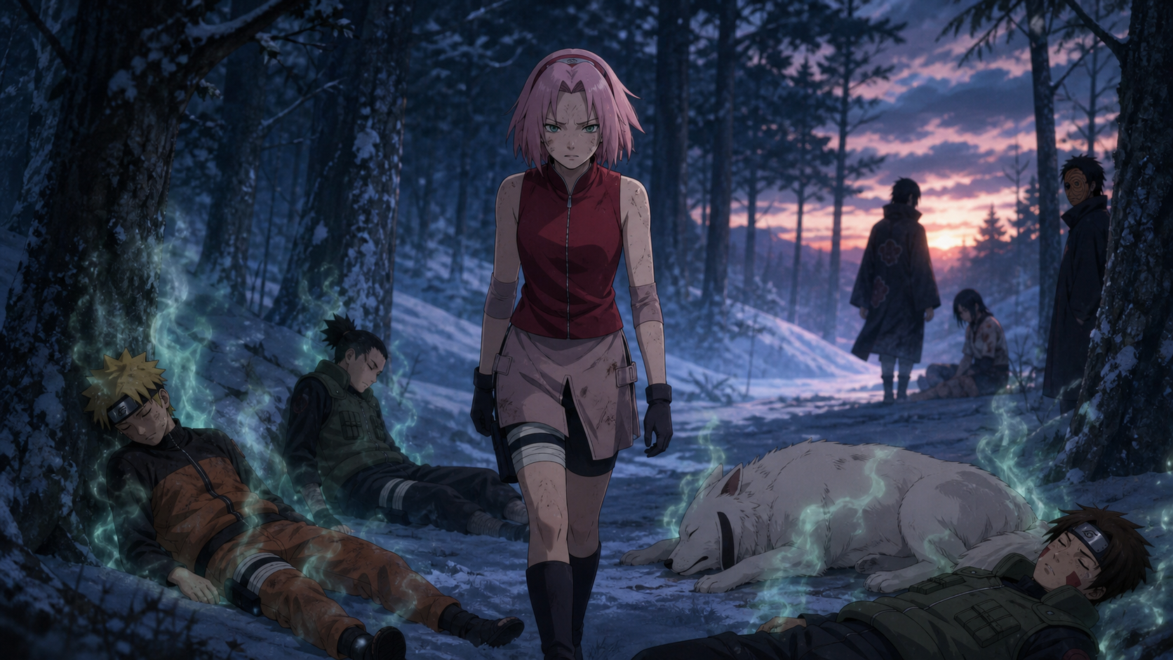 Sakura walks alone through a snowy forest after putting Sai, Kiba, Lee and Akamaru to sleep in Naruto Shippuden Episode 212