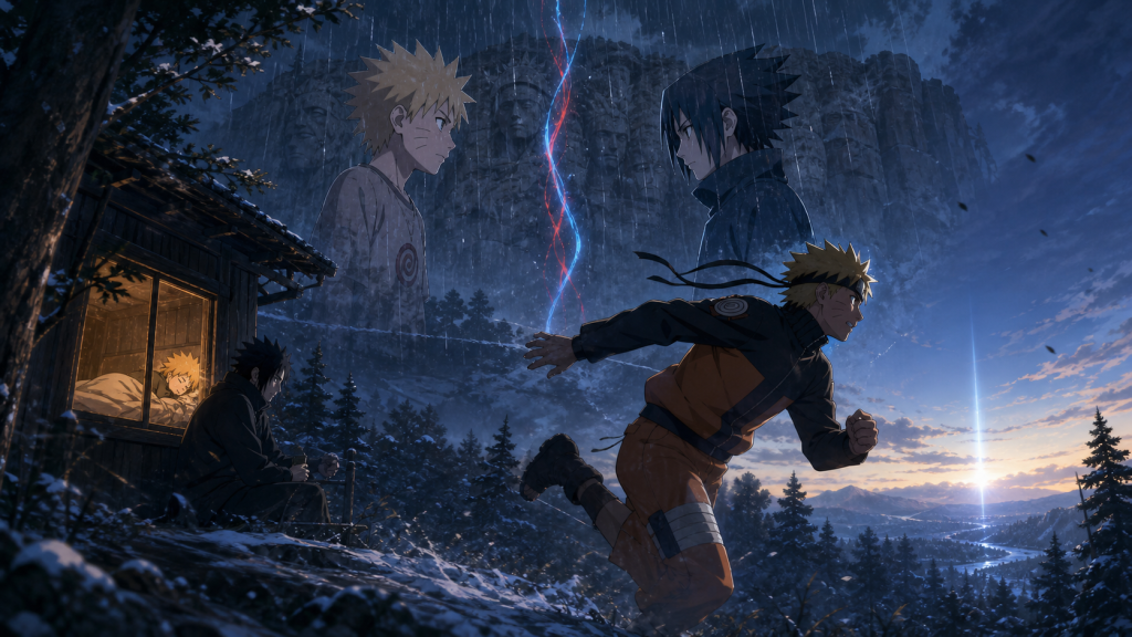 Naruto escapes into a snowy dawn beneath memories of his childhood battle with Sasuke at the Valley of the End in Naruto Shippuden Episode 213