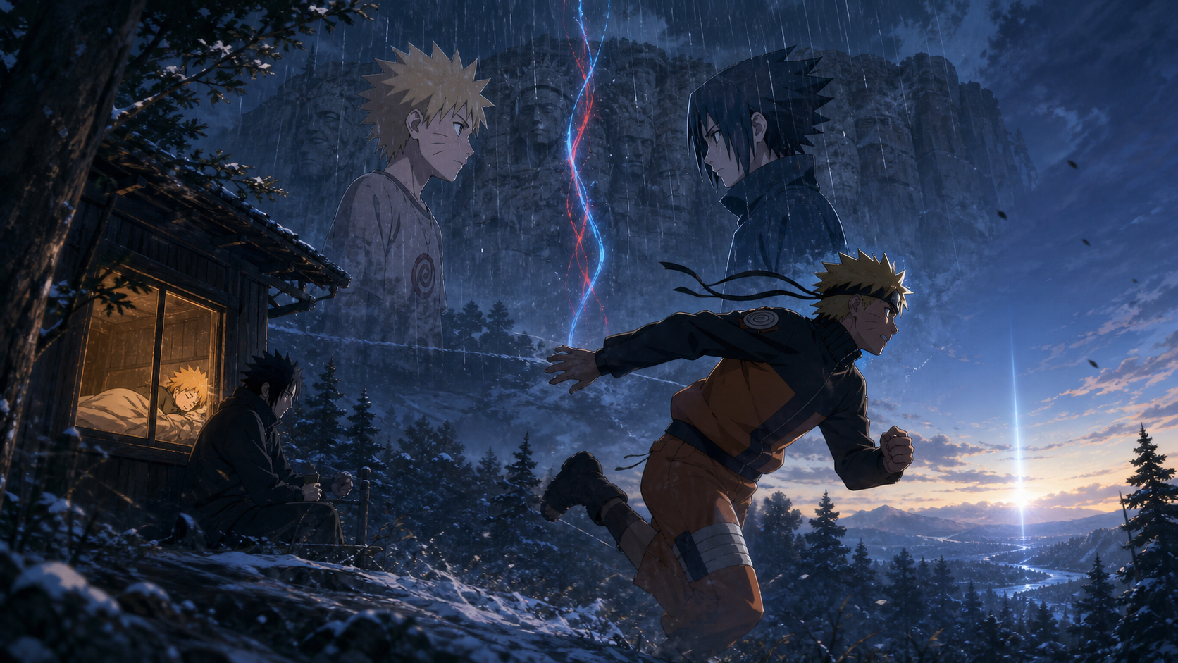 Naruto escapes into a snowy dawn beneath memories of his childhood battle with Sasuke at the Valley of the End in Naruto Shippuden Episode 213