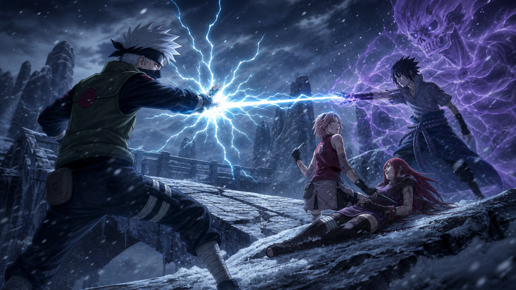 Kakashi blocks Sasuke's lightning strike on a snowy bridge while Sakura protects the injured Karin in Naruto Shippuden Episode 214