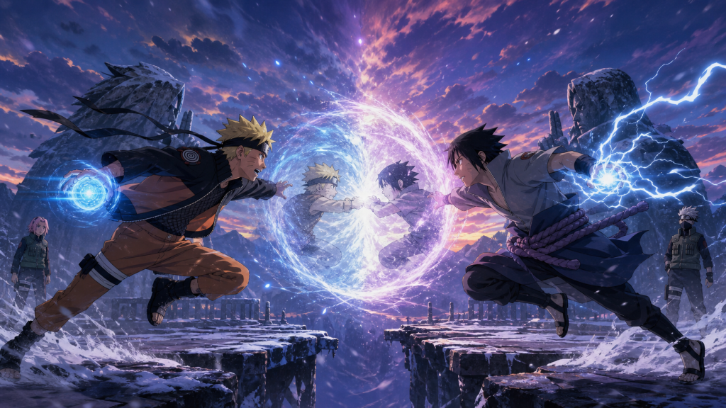 Naruto's Rasengan collides with Sasuke's Chidori above a broken snowy bridge as their childhood clash echoes behind them in Naruto Shippuden Episode 215