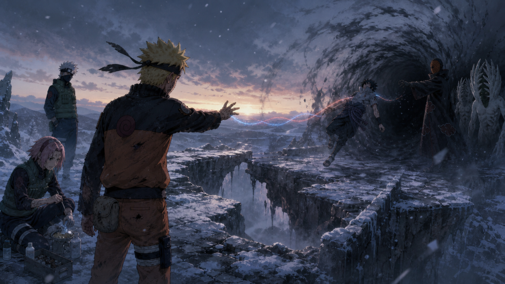 Naruto reaches toward Sasuke as Tobi and White Zetsu withdraw through a vortex while Sakura prepares the poison antidote and Kakashi watches on the snowy Samurai Bridge in Naruto Shippuden Episode 216
