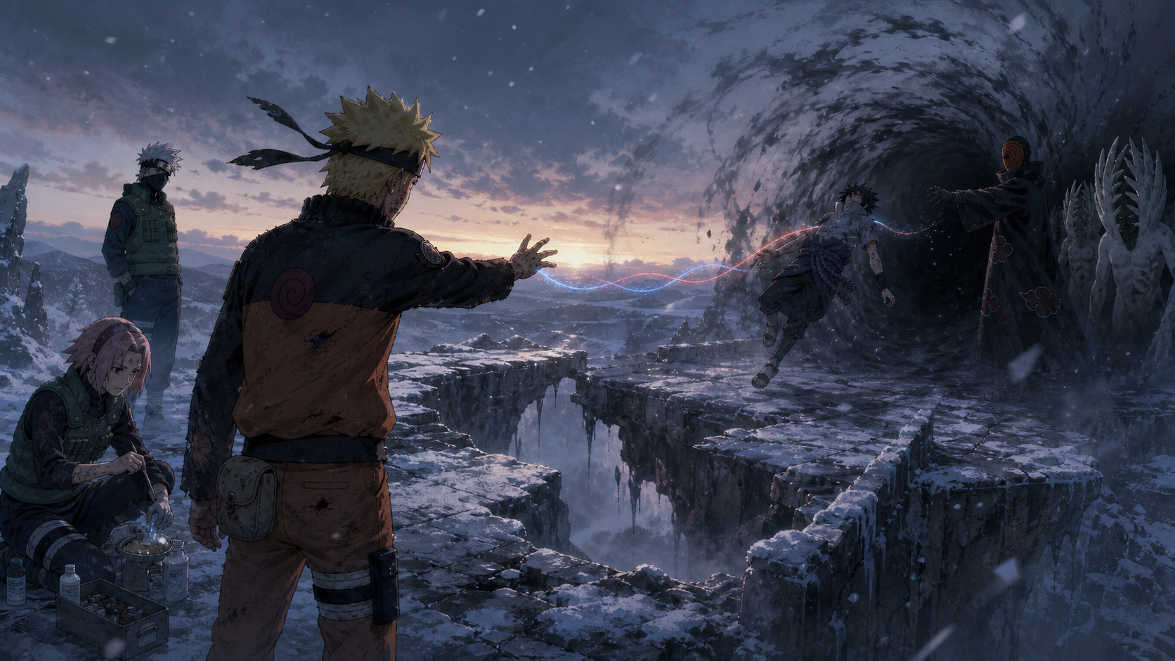 Naruto reaches toward Sasuke as Tobi and White Zetsu withdraw through a vortex while Sakura prepares the poison antidote and Kakashi watches on the snowy Samurai Bridge in Naruto Shippuden Episode 216