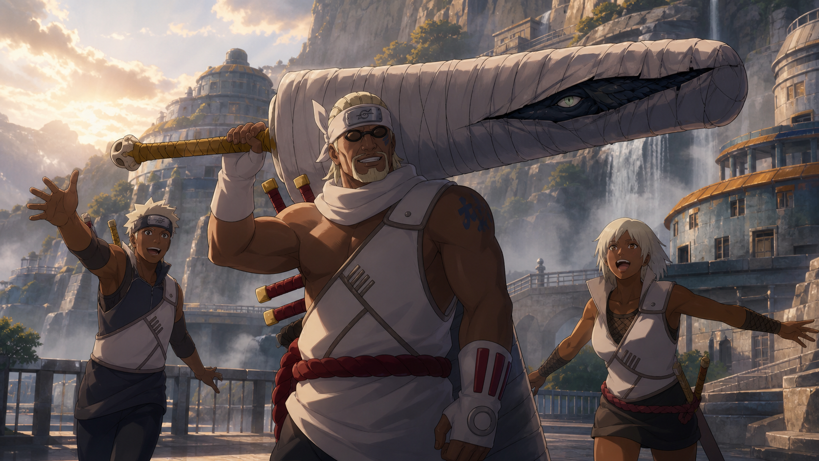 Killer Bee carries the bandage-wrapped Samehada into the Hidden Cloud as Omoi and Karui welcome him and a concealed eye opens inside the sword in Naruto Shippuden Episode 217