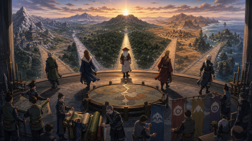 Five shinobi leaders leave a central summit map along separate illuminated roads toward forest, mountain, desert, stone and island villages as messengers prepare alliance supplies in Naruto Shippuden Episode 218