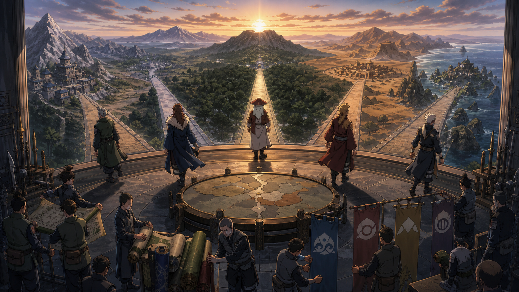 Five shinobi leaders leave a central summit map along separate illuminated roads toward forest, mountain, desert, stone and island villages as messengers prepare alliance supplies in Naruto Shippuden Episode 218
