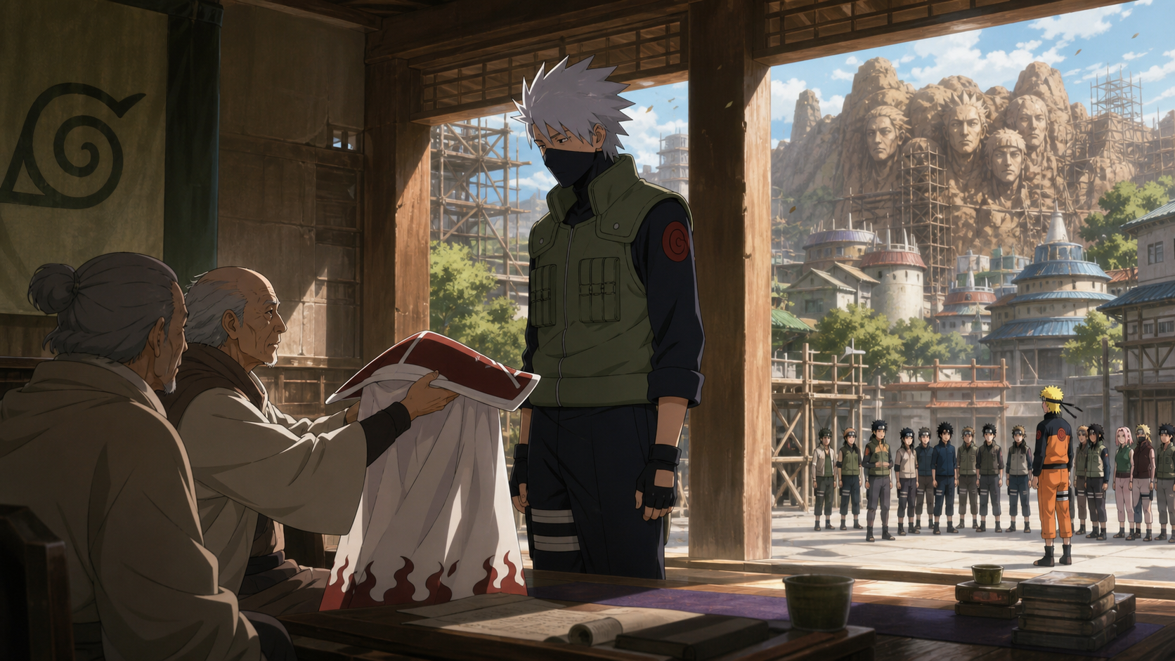 Kakashi stands inside a rebuilding Leaf Village council chamber as two elders present the Hokage mantle and Naruto addresses his gathered peers in the courtyard in Naruto Shippuden Episode 219