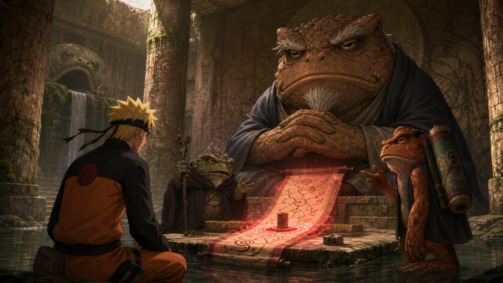 Naruto sits before the Great Lord Elder at Mount Myoboku while Fukasaku and Gerotora present the dangerous Nine-Tails seal key in Naruto Shippuden Episode 220