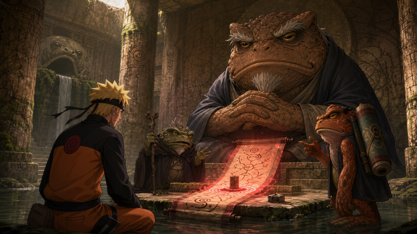 Naruto sits before the Great Lord Elder at Mount Myoboku while Fukasaku and Gerotora present the dangerous Nine-Tails seal key in Naruto Shippuden Episode 220