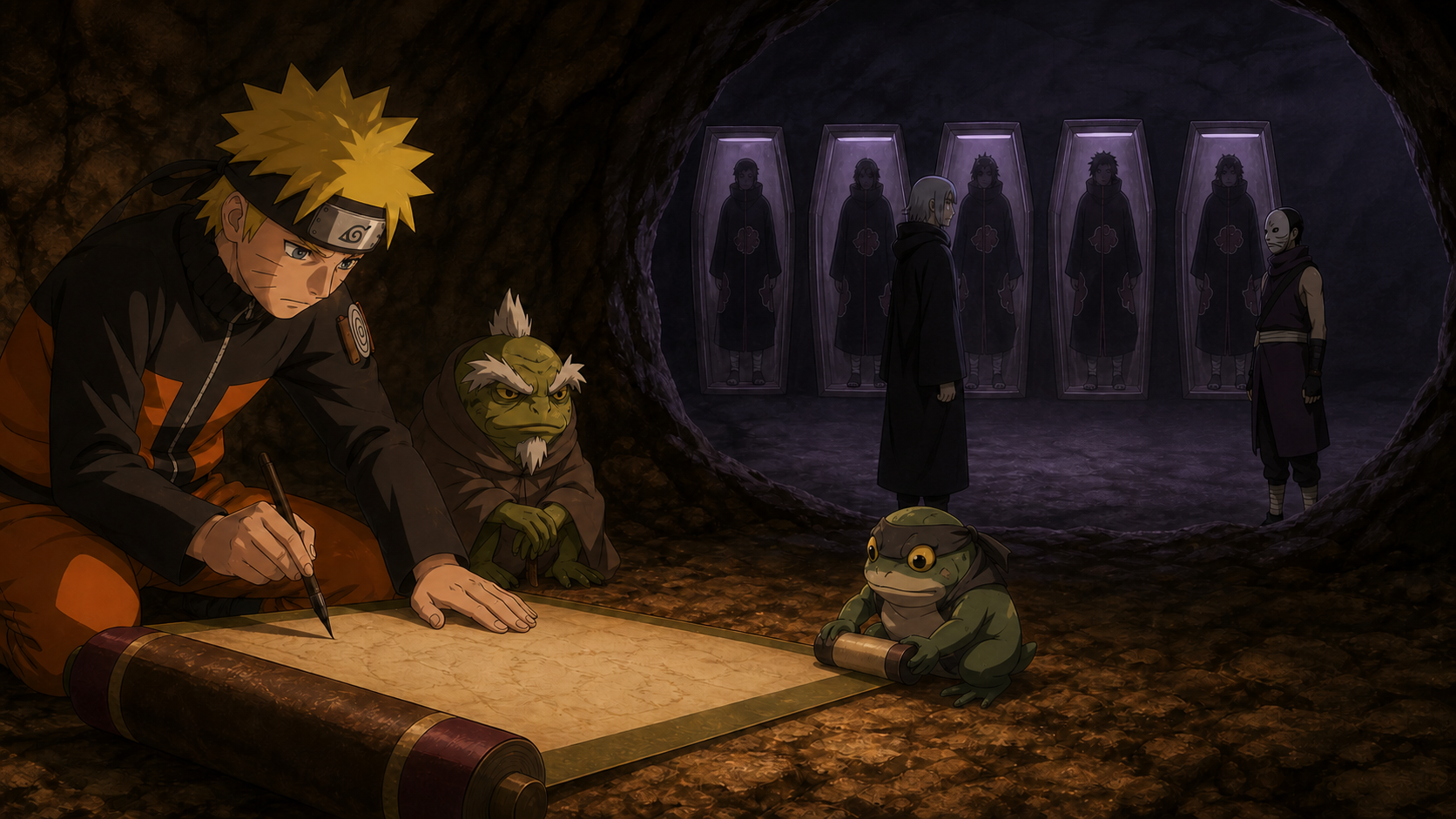 Naruto signs Gerotora’s storage contract beside Fukasaku while Kabuto confronts a masked shinobi before five reanimated Akatsuki coffins in Naruto Shippuden Episode 221