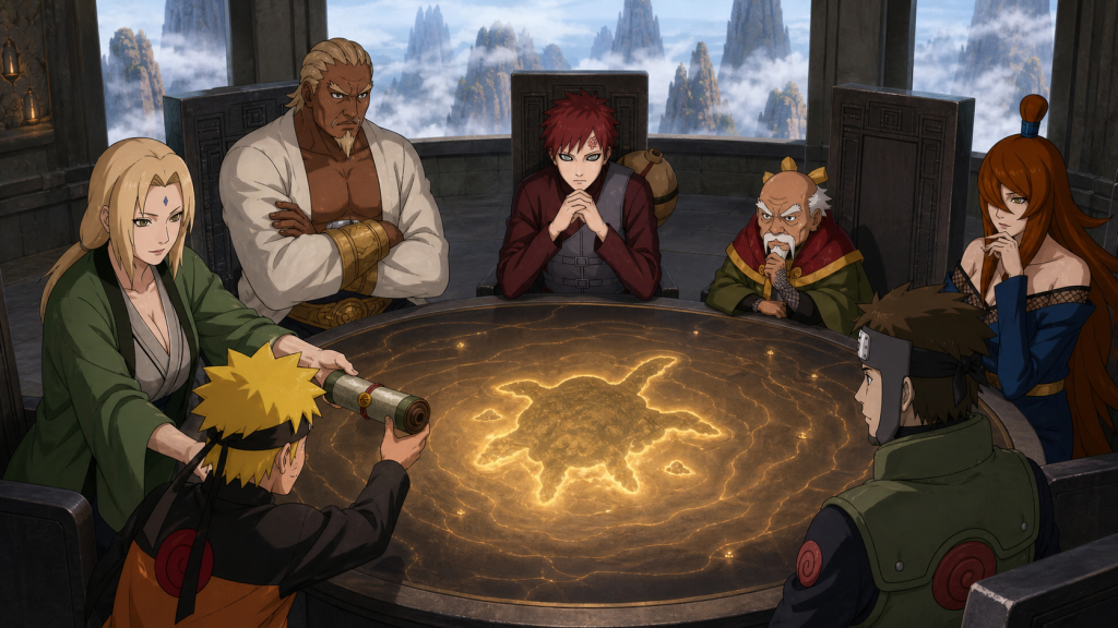 The Five Kage gather around a turtle-island strategy map as Tsunade gives Naruto an S-rank mission scroll beside Yamato in Naruto Shippuden Episode 222