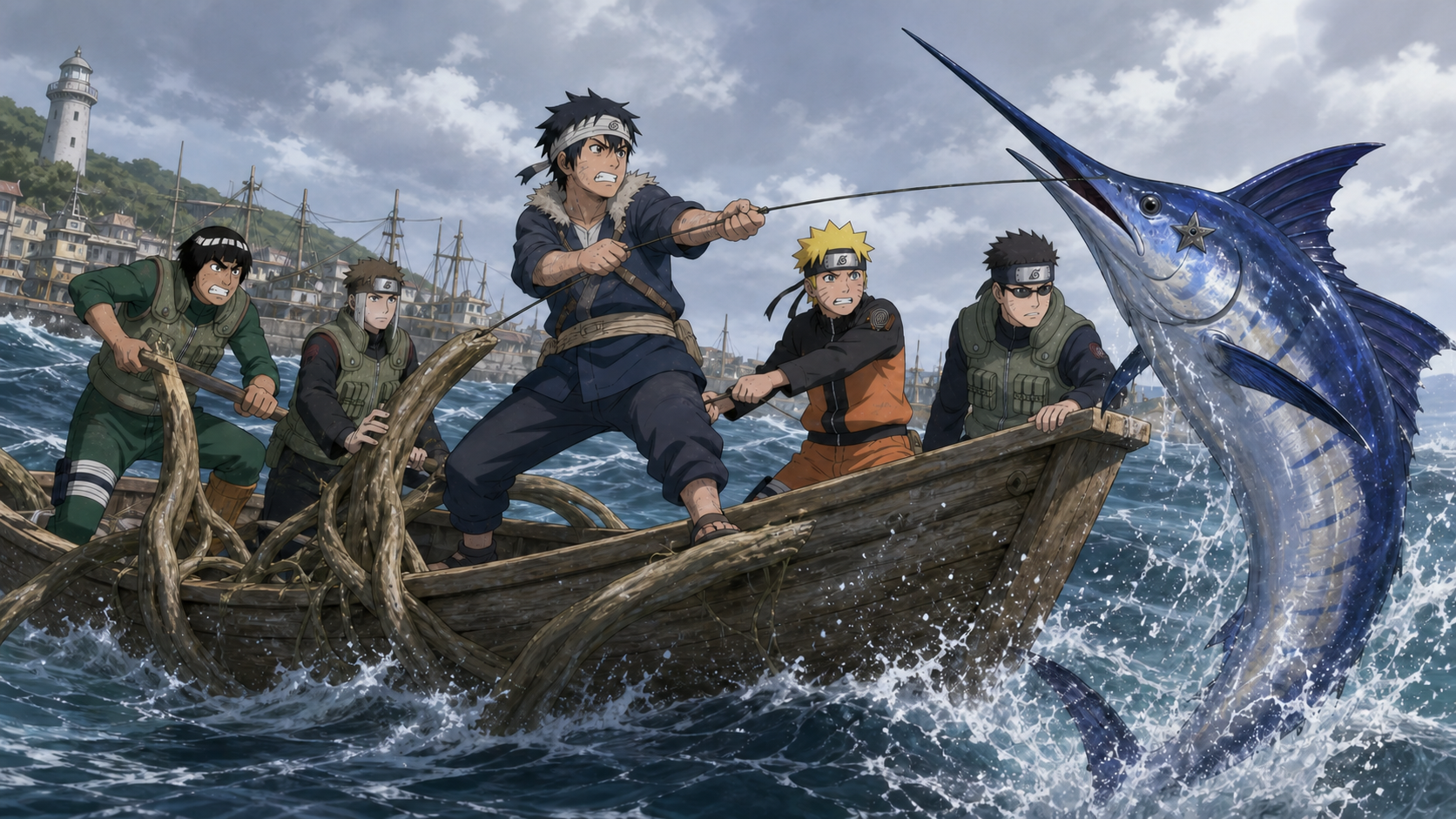 Yusuke and Naruto pull against a giant marlin while Might Guy rows and Yamato and Aoba support a Wood Release boat in Naruto Shippuden Episode 223
