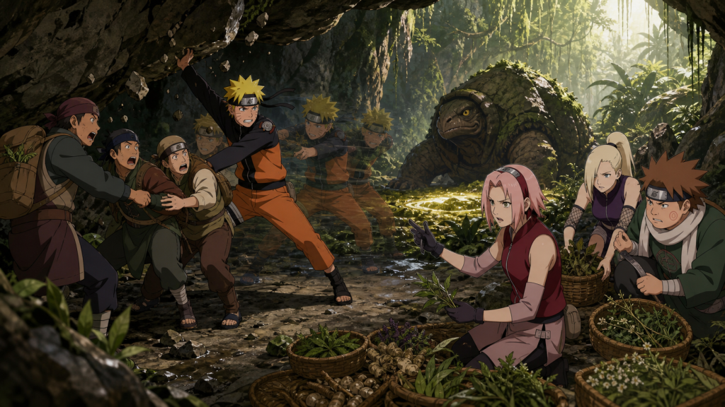 Naruto and shadow clones rescue three Benisu merchant shinobi in a medicinal cave while Sakura, Ino, and Choji protect gathered herbs in Naruto Shippuden Episode 224