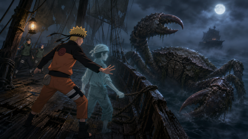 Naruto protects the translucent young sailor Hishaku aboard a ruined ghost ship as Yamato and Aoba face the Giant Corpse Crab in Naruto Shippuden Episode 225