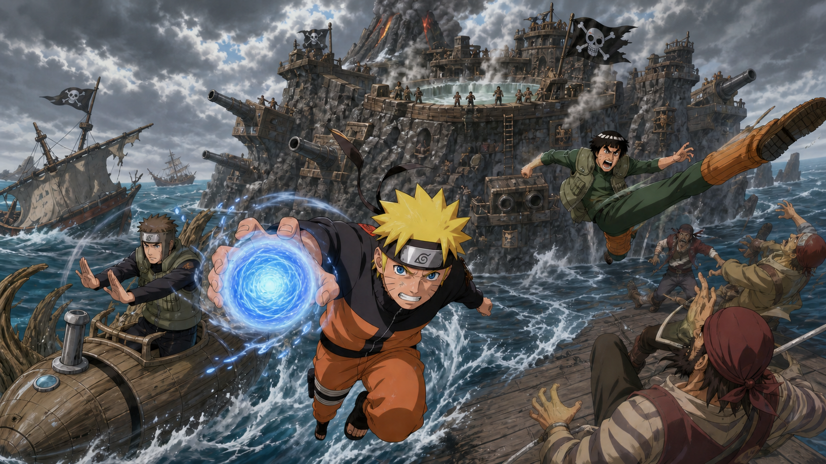 Naruto attacks Gataro with a Rasengan as Yamato, Might Guy and Aoba fight pirates below the cannon fortress of Battleship Island in Naruto Shippuden Episode 226