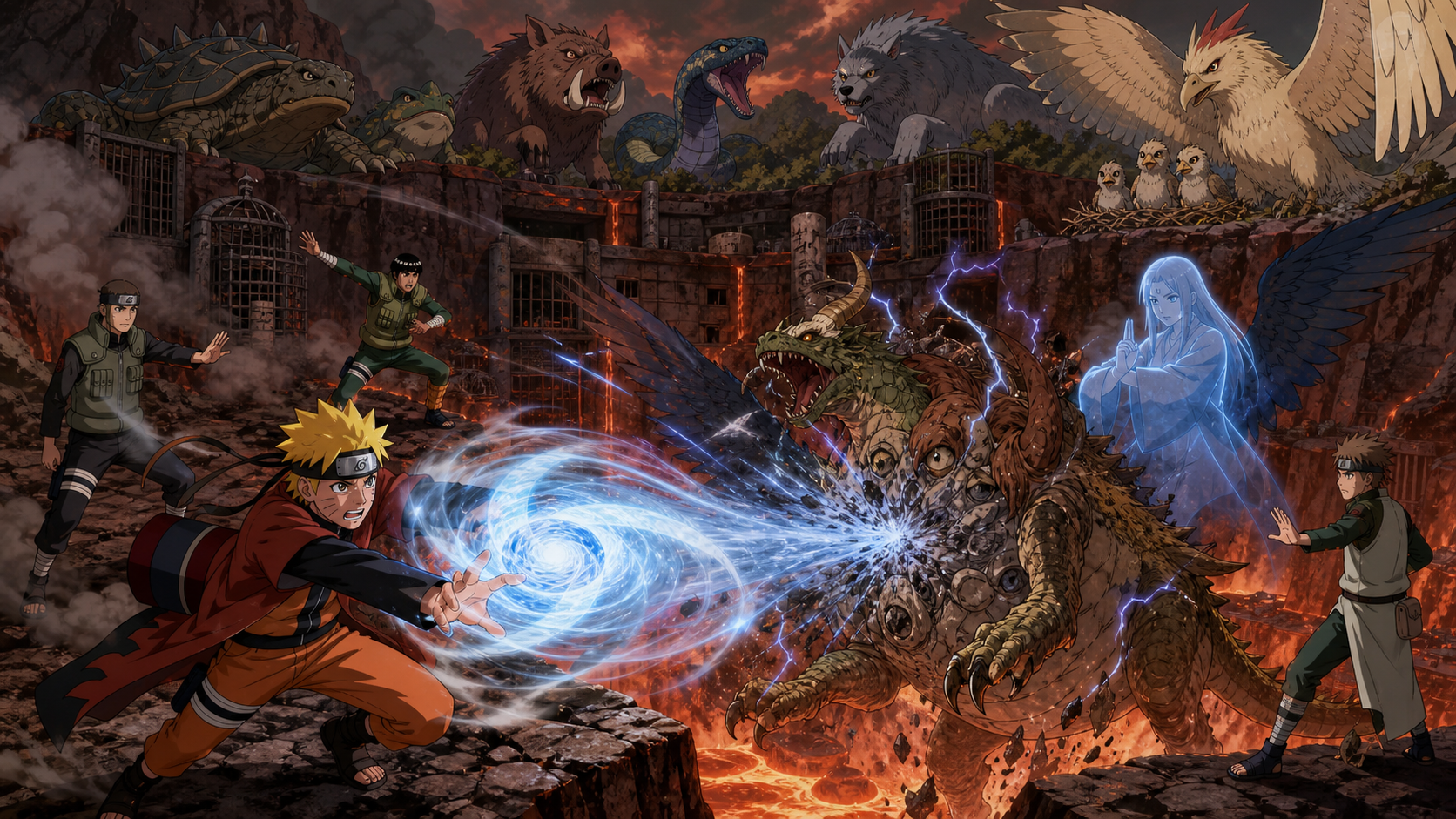 Sage Mode Naruto attacks the Ultimate Summoning Beast with a Rasenshuriken as Honoka, Yamato, Might Guy, Aoba and giant summons fight inside the volcanic laboratory in Naruto Shippuden Episode 227