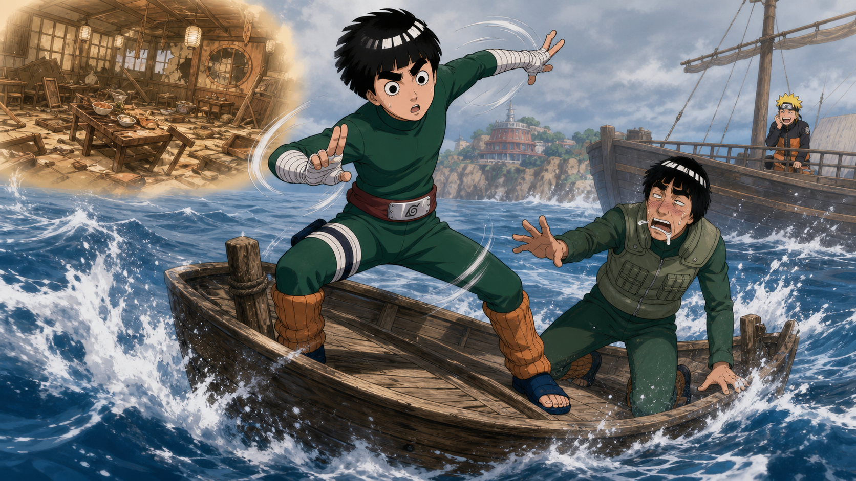 Rock Lee practices Seasickness Fist on a pitching wooden boat while Might Guy struggles with nausea and Naruto watches in Naruto Shippuden Episode 228