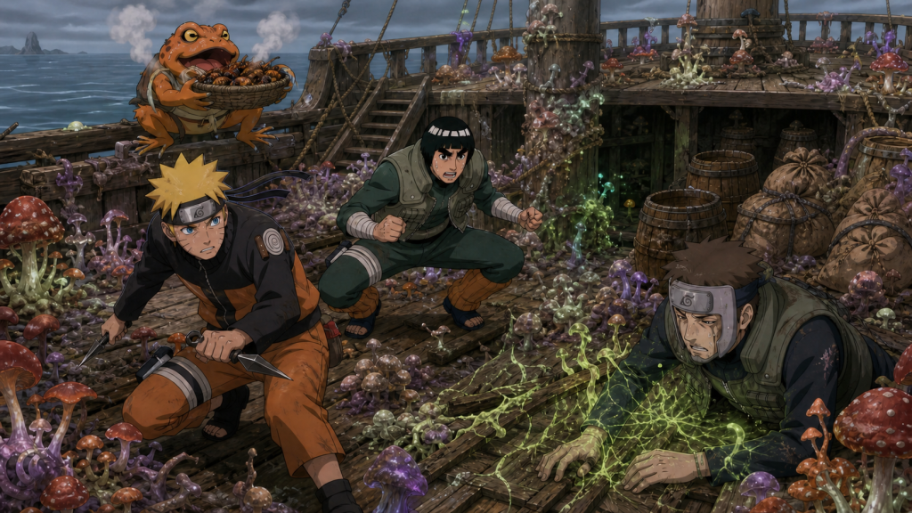 Naruto and Might Guy fight poisonous mushrooms across their windless ship as Yamato loses chakra and Gamatatsu brings insect food in Naruto Shippuden Episode 229