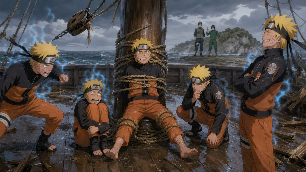 The real Naruto is tied to a storm-damaged ship mast while four shadow clones stage a mutiny and Yamato and Might Guy plan a rescue in Naruto Shippuden Episode 230