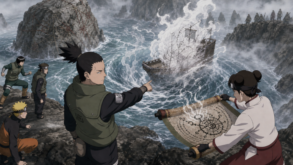 Shikamaru directs the Leaf crew toward a fogbound whirlpool while Tenten seals their ship into a scroll near Mokuzu Island in Naruto Shippuden Episode 231