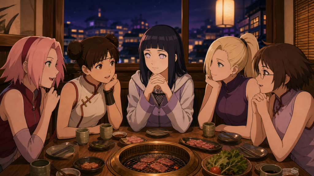 Hinata listens to Tenten, Sakura, Ino and Shiho during a warm prewar gathering at Yakiniku Q in Naruto Shippuden Episode 232