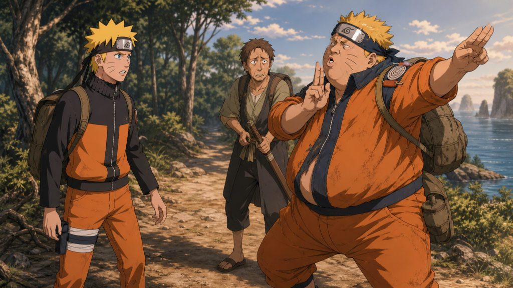 Naruto confronts Banna’s bulky counterfeit while a nervous Iggy watches their impersonation scam collapse in Naruto Shippuden Episode 233