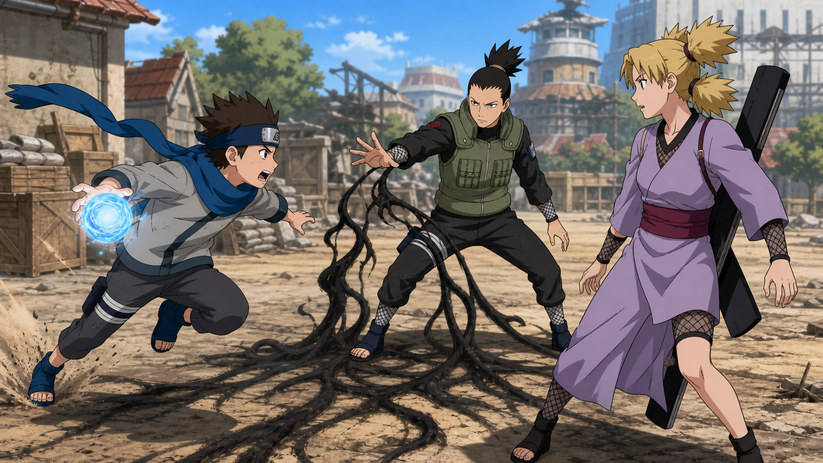 Shikamaru stops Konohamaru’s Rasengan before the young Leaf genin can strike Temari during Naruto Shippuden Episode 234