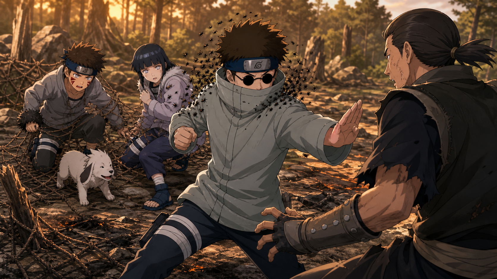 Shino returns to protect Kiba, Hinata and Akamaru from Suika during an early Team 8 mission in Naruto Shippuden Episode 236